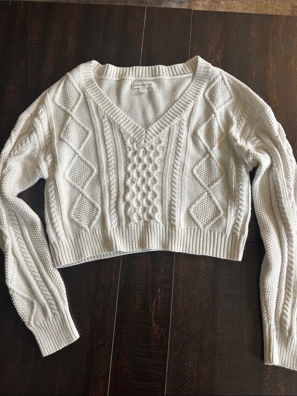 Aeropostale Ivory Cable Knit V-Neck Cropped Sweater